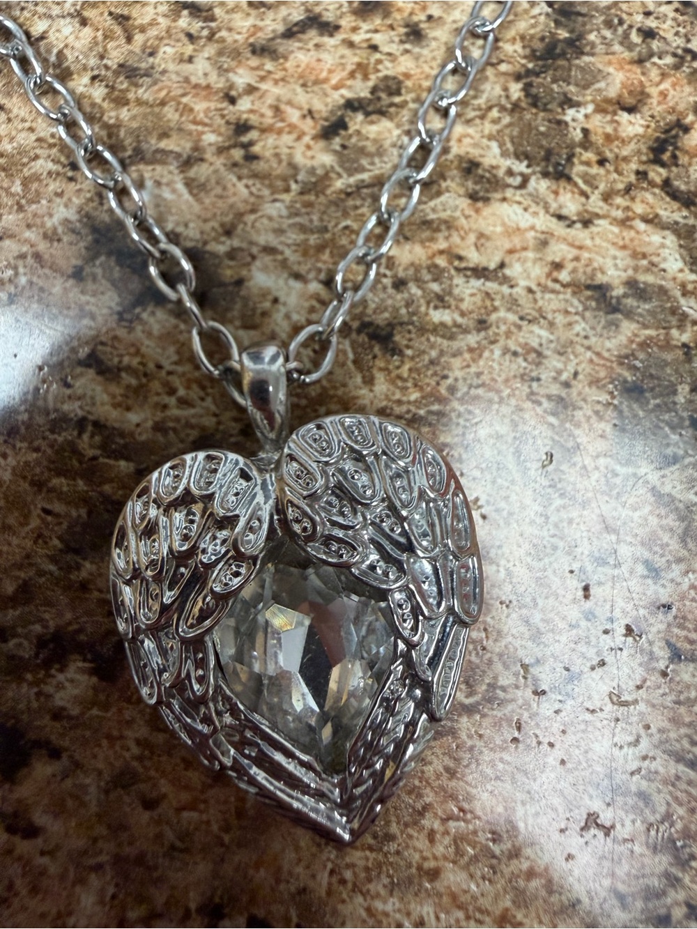 Angel Wings Heart Pendant Necklace Silver Tone Clear Faceted Stone